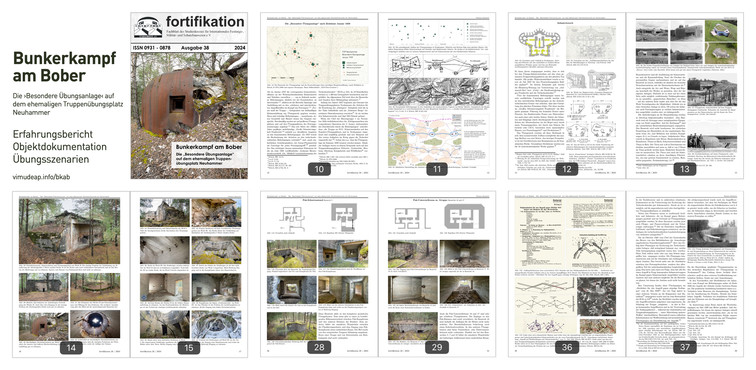 Die Titelseite und vier Doppelseiten aus dem Kapitel »Objektdokumentation« und eine Doppelseite aus dem Kapitel »Übungsszenarien«. Beitrag »Bunkerkampf am Bober - Die ›Besondere Übungsanlage‹ auf dem ehemaligen Truppenübungsplatz Neuhammer« in der »fortifikation« 38/2024. Bild 9552