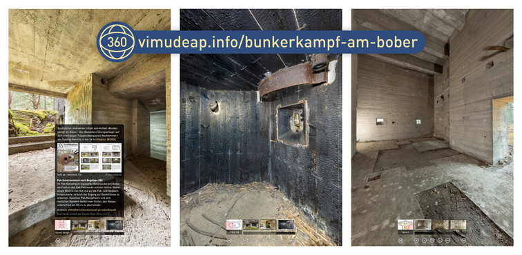 Drei Screenshots aus den acht interaktiven 360°-Panoramen, die als zusätzlicher Inhalt unter <a target="_blank" href="https://vimudeap.info/bunkerkampf-am-bober-360"> vimudeap.info/bunkerkampf-am-bober-360</a> abgerufen werden können.  Beitrag »Bunkerkampf am Bober - Die ›Besondere Übungsanlage‹ auf dem ehemaligen Truppenübungsplatz Neuhammer« in der »fortifikation« 38/2024. Bild 9553