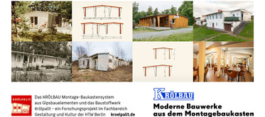 DIN lang Flyer Oktober 2025 Variante A, Vorderseite: Aktuelle Aufnahmen von Krölpalit Bauten (Zeulenroda, Wulkow, Restaurant »Portenschmiede« im  Naturerholungsgebiet Portenschleuse) und Elemente aus Werbematerial der »Krölpalit-Baustoffwerk Kuno E. Fröhlich KG« (1970). © 2025 Thomas Kemnitz Bild 9736