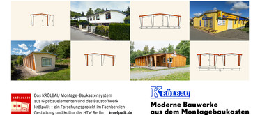 DIN lang Flyer Oktober 2025 Variante B, Vorderseite: Die 4 Grundvarianten des KRÖLBAU-Systems. Aktuelle Aufnahmen von Krölpalit Bauten. (Naturerholungsgebiet Portenschleuse, Pößneck, Zeulenroda,  Mittweida) und Elemente aus Werbematerial der »Krölpalit-Baustoffwerk Kuno E. Fröhlich KG« (1970). © 2025 Thomas Kemnitz Bild 9737