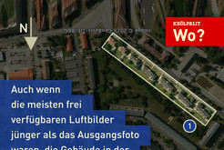 Auch wenn die meisten frei verfügbaren Luftbilder jünger als das Ausgangsfoto waren, die Gebäude in der Kantstraße (1) 2023 abgerissen wurden und das Areal bis zum Bahnkörper (2) bebaut wurde, war es möglich, den Standort der KRÖLBAU-Gebäude (3) zu ermitteln. Quelle: GoogleEarth. © 2026 Thomas Kemnitz Bild 9862