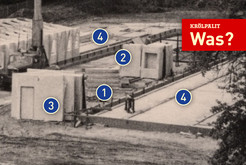 Folgende Konstruktionselemente sind zu erkennen: (1) Halbrahmen (liegend), (2) Außenwandelemente ohne u. mit Fenster, (3) Innenwandelemente mit Tür, (4) Streifenfundamente mit Hülsen zur Aufnahme der Halbrahmen. © 2026 Thomas Kemnitz Bild 9867