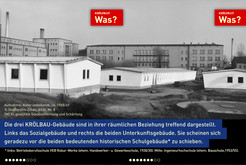 Die drei KRÖLBAU-Gebäude sind in ihrer räumlichen Beziehung treffend dargestellt. Links das Sozialgebäude und rechts die beiden Unterkunftsgebäude. Sie scheinen sich geradezu vor die beiden bedeutenden historischen Schulgebäude zu schieben. Links: Betriebsberufsschule VEB Robur-Werke (ehem. Handwerker- u. Gewerbeschule, 1928/30). Mitte: Ingenieurhochschule (ehem. Bauschule,1953/55). Aufnahme: Autor unbekannt, ca. 1968/69. Quelle: Stadtarchiv Zittau, 6336, Nr. 8. KI-gestützte Staubentfernung und Schärfung. © 2026 Thomas Kemnitz Bild 9870