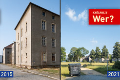 PROLOG: Während meines Wehrdienstes Ende der 1980er Jahre war ich zeitweise keine 500 m von den KRÖLBAU-Bauten entfernt in diesem 2021 nicht mehr vorhandenem Kasernengebäude untergebracht. Es lag dem Bauensemble in der Kantstraße (siehe Beitragsteil Wo?) direkt gegenüber. 2021 ist es im Hintergrund noch zu sehen. Fotos 2015 und 2021 Thomas Kemnitz. © 2026 Thomas Kemnitz Bild 9880