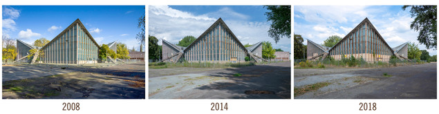 Südwestansicht der Hyparschale in den Jahren 2008, 2014 und 2018. © tk. Bild 9776